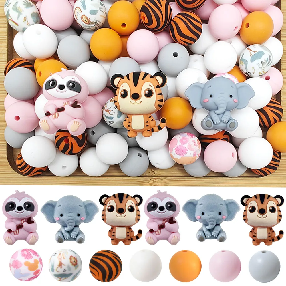 25/55PCS Sloth Elephant Tiger Silicone Bead Set, Perfect for DIY Handmade Crafts Such as Keychains, Necklaces, Bracelets, Etc
