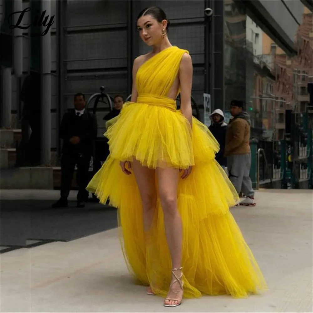 Lily Yellow Net Formal Dresses One Shoulder Party Dresses For Wedding Tiered Layer A Line Special Occasion Dresses robe soirée