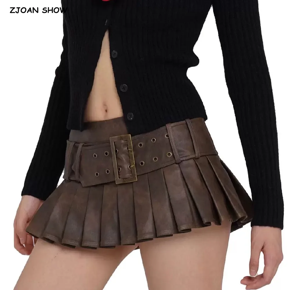 

2024 American Retro Buckle Belt Low Waist PU Skirt With Shorts lining Sexy Leather Pleated Mini Short Skater Brown