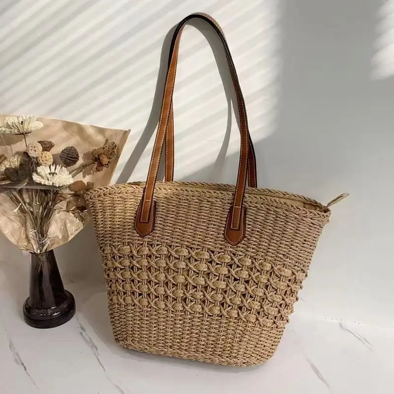 New Fashion Women\'s Straw Woven Tote Hobo Bag Large Capacity Shoulder Bag Summer Beach Handbag Handmade Top Handle Satchel