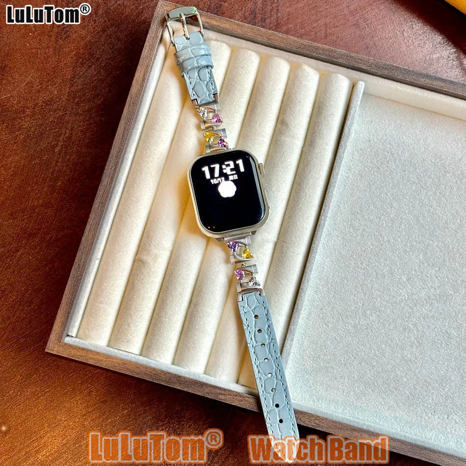 

Модный кожаный ремешок с цирконом для Apple Iwatch Series 11 10 9 8 7 6 5 4 SE Ultra 38 40 41 42 44 45 46 49 мм Love Candy Watch Band