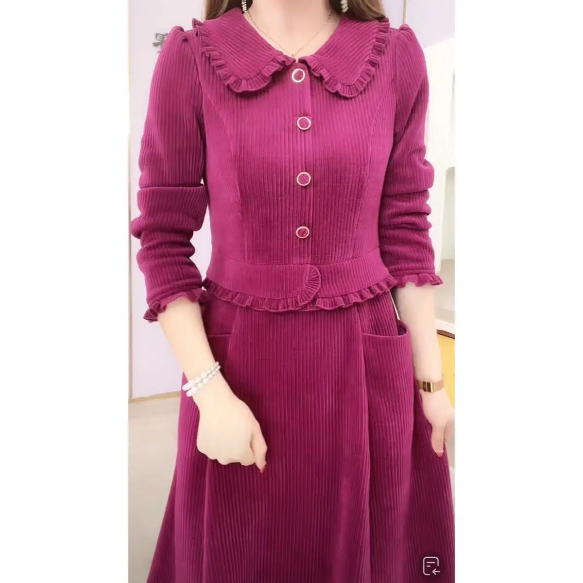 Ear Fungus Edge Doll Collar Dress for Autumn and Winter Slim Waist Light Luxury High-end Custom Corduroy A-line Skirt