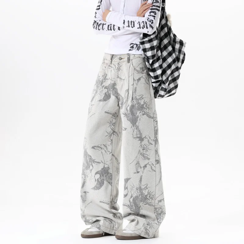 Men's Unisex White Loose Wide Leg Jeans Fashion Trendy Irregular Print Casual Streetwear Comfortable Fashion Jeans New Arrival