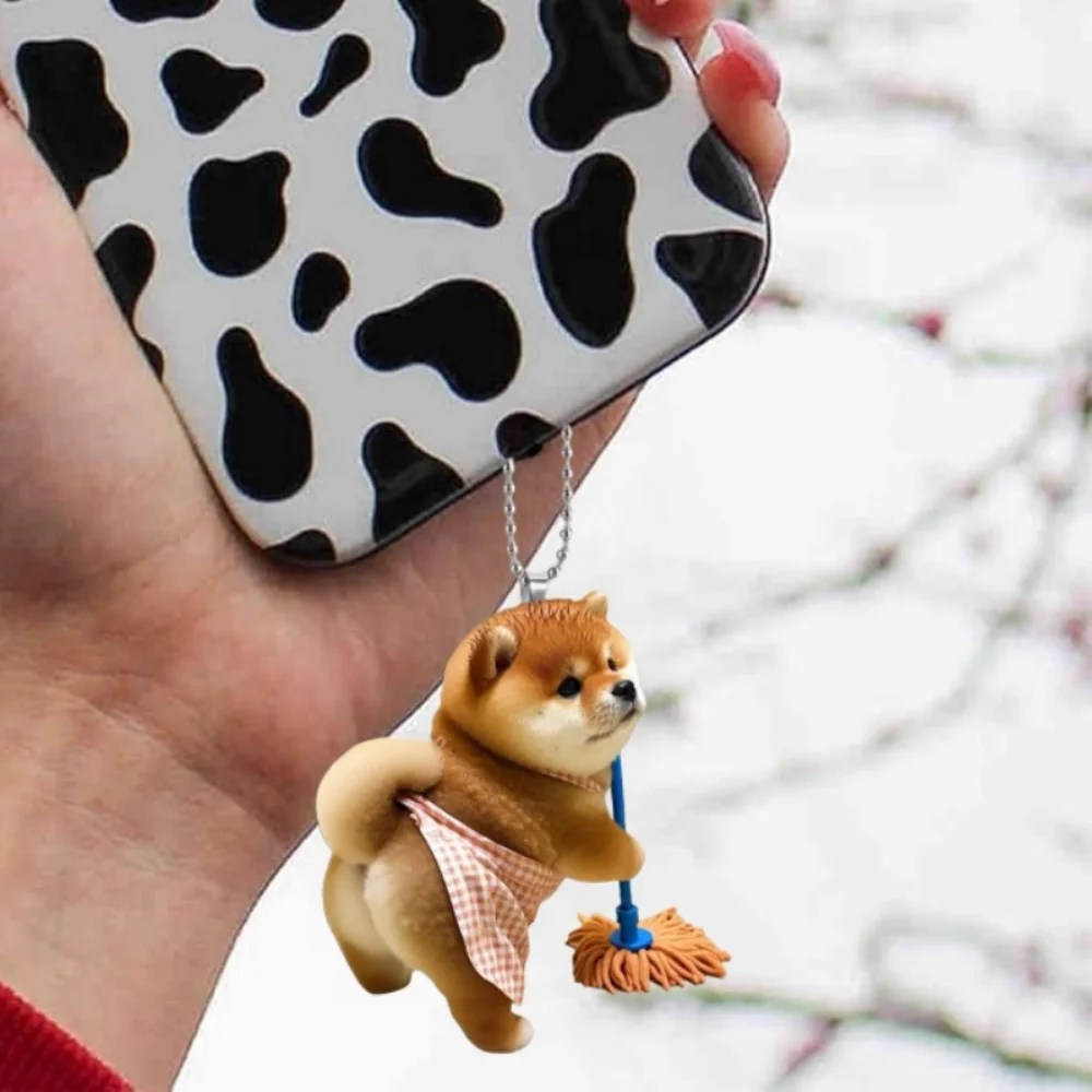 Shiba Inu Cleaning 2D Acrylic Keychain Charming Puppy Pendant Versatile Charm, Decor for Car,Backpacks,Phone,Home,Festive,Gift