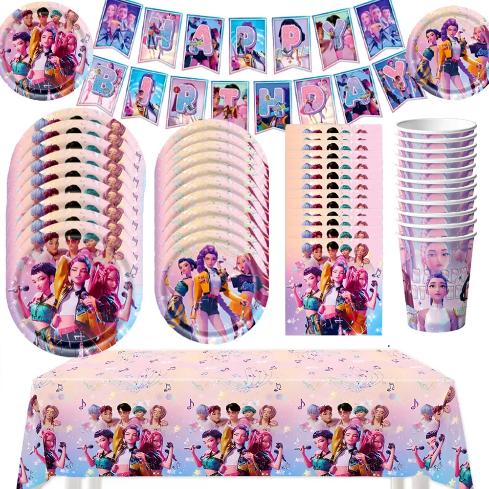 

KPop Girl Demon Hunter Birthday Party Decorations Purple Disposable Tableware Anime Pink Balloons Backdrop Banner Cake Toppers