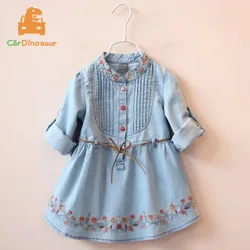 2026 Spring Autumn New 3 4 6 8 10 12 Years Embroidery Flower Long Short Sleeve Double Use Denim Blue Kids Girl Dress With Belt