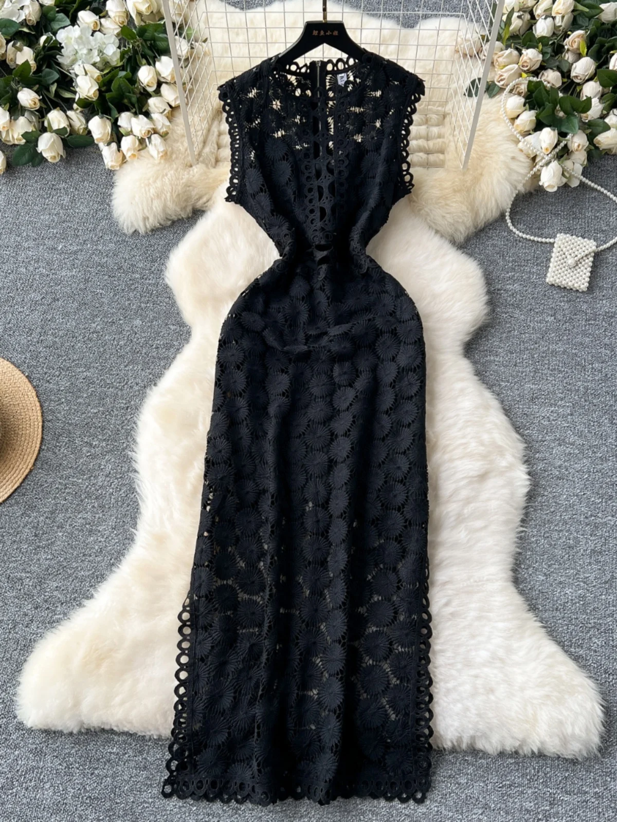 Retro Luxury High-end Sleeveless Crochet Flower Embroidery White Lace Prom Dress Women Fashion Party Long Vestidos Wedding Robe