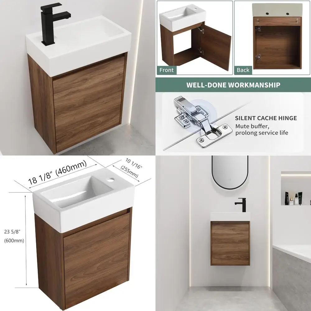 

18 inch modern wall-mounted bathroom vanity with ceramic sink and wooden door storage cabinet