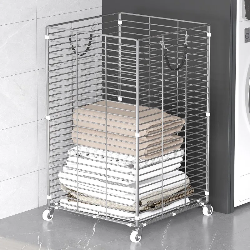 Stainless Stee Dirty Laundry Basket Large Capacity Folding Laundry Baske Movable Minimalist Organizing Baskets Bathroom Storage