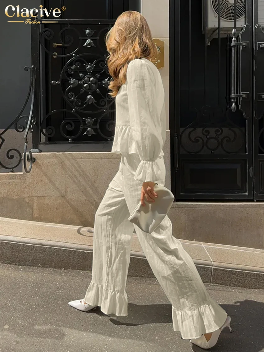 Beige Cotton 2-Piece Set: Long Sleeve Shirt and Wide-Leg Pants