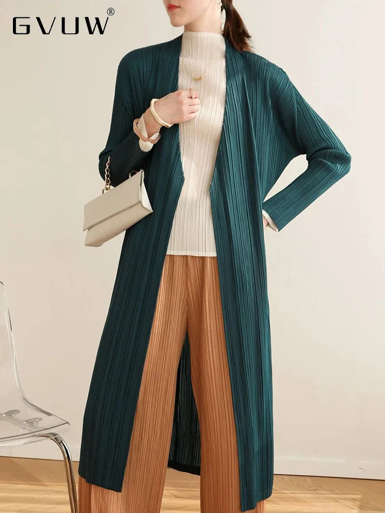 GVUW Pleated V Neck Trench Coat Women Full Sleeve Pockets Solid Color Minimalism Style New Autumn 2024 Windbreaker 17G7839