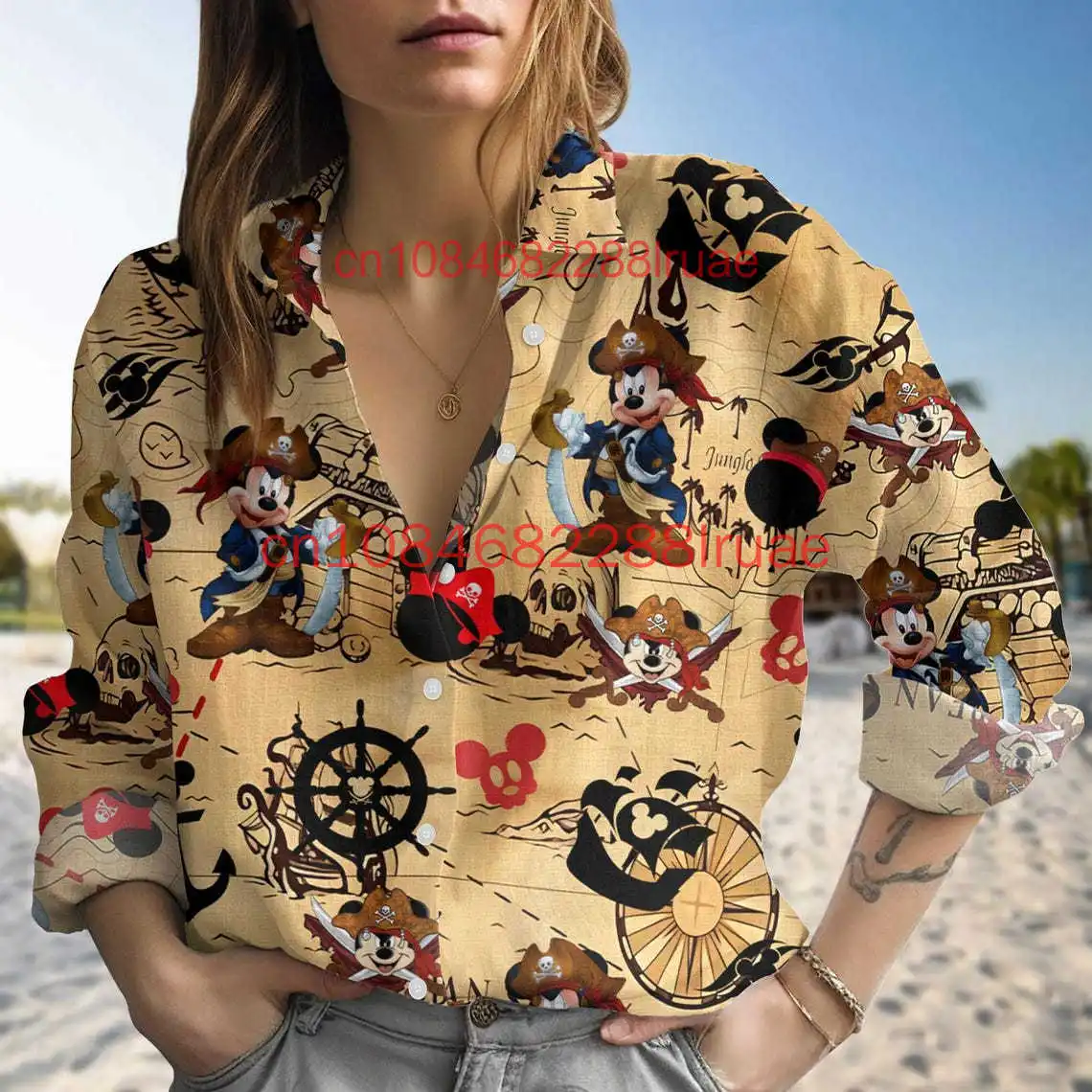 

2026 New Disney Mickey And Friends Women Blouse Pirates of the Caribbean Button Up Shirt Summer Vacation Shirt