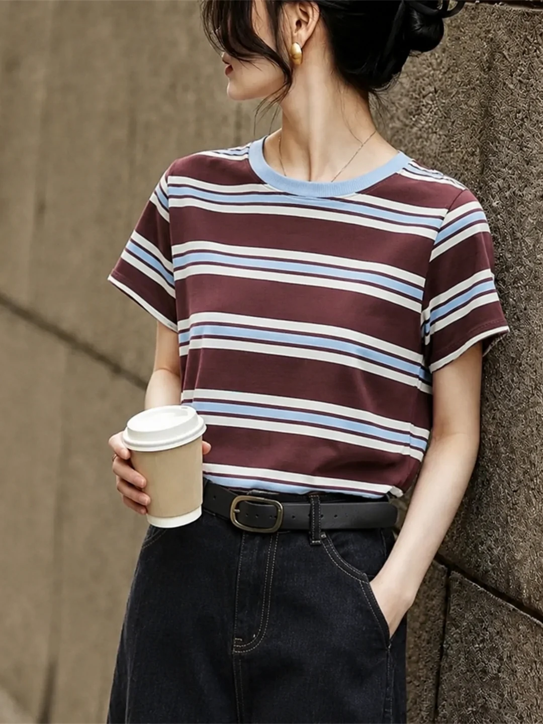 

Retro Striped Short Sleeve T-Shirt round Neck Loose Slimming Lazy Style Versatile Top Trendy Summer Small Shirt Women