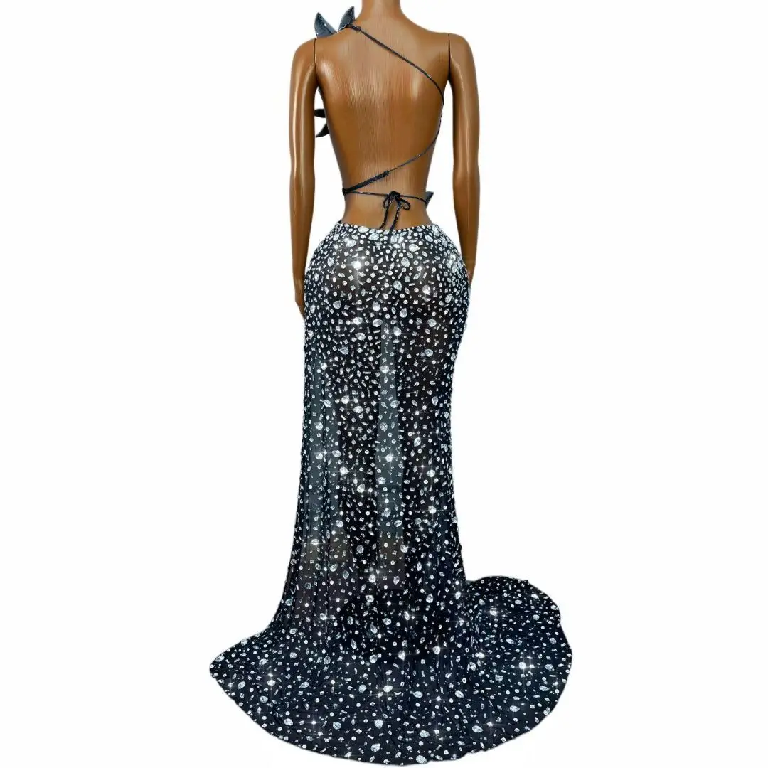 Xiaomanyao Women Sparkly Black Sheer Mesh Mermaid Dress One Shoulder All Over Silver Rhinestone 3D Flower Music Festival Dress