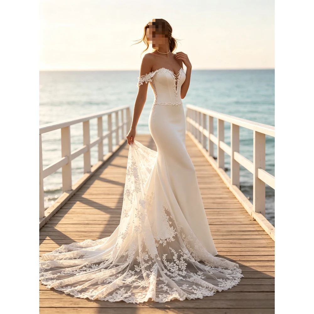 Customized Elegant Off Shoulder Lace Decal Wedding Dress 2026 New Women's Luxury Satin Mermaid Bridal Gown Suitable for Beach