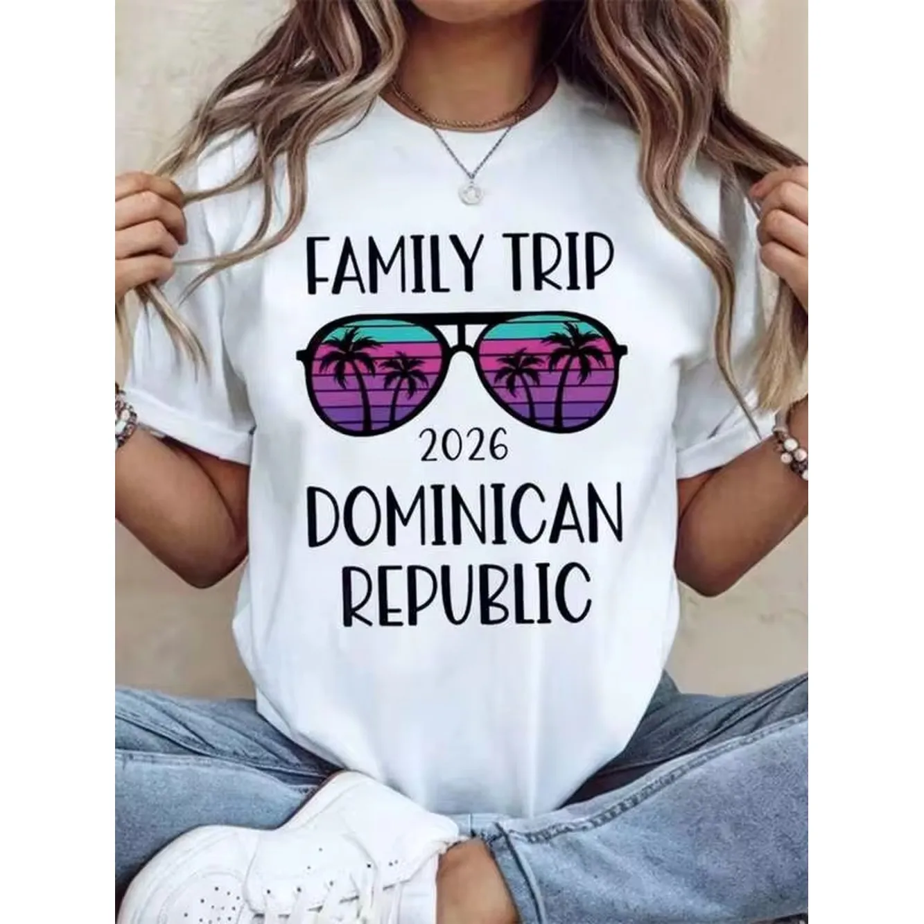 Family Trip 2026 Dominican Republic Summer Vacation T-Shirt Sunglasses Palm Tree Design Unisex Casual Wear For Travel And Holiday,220g