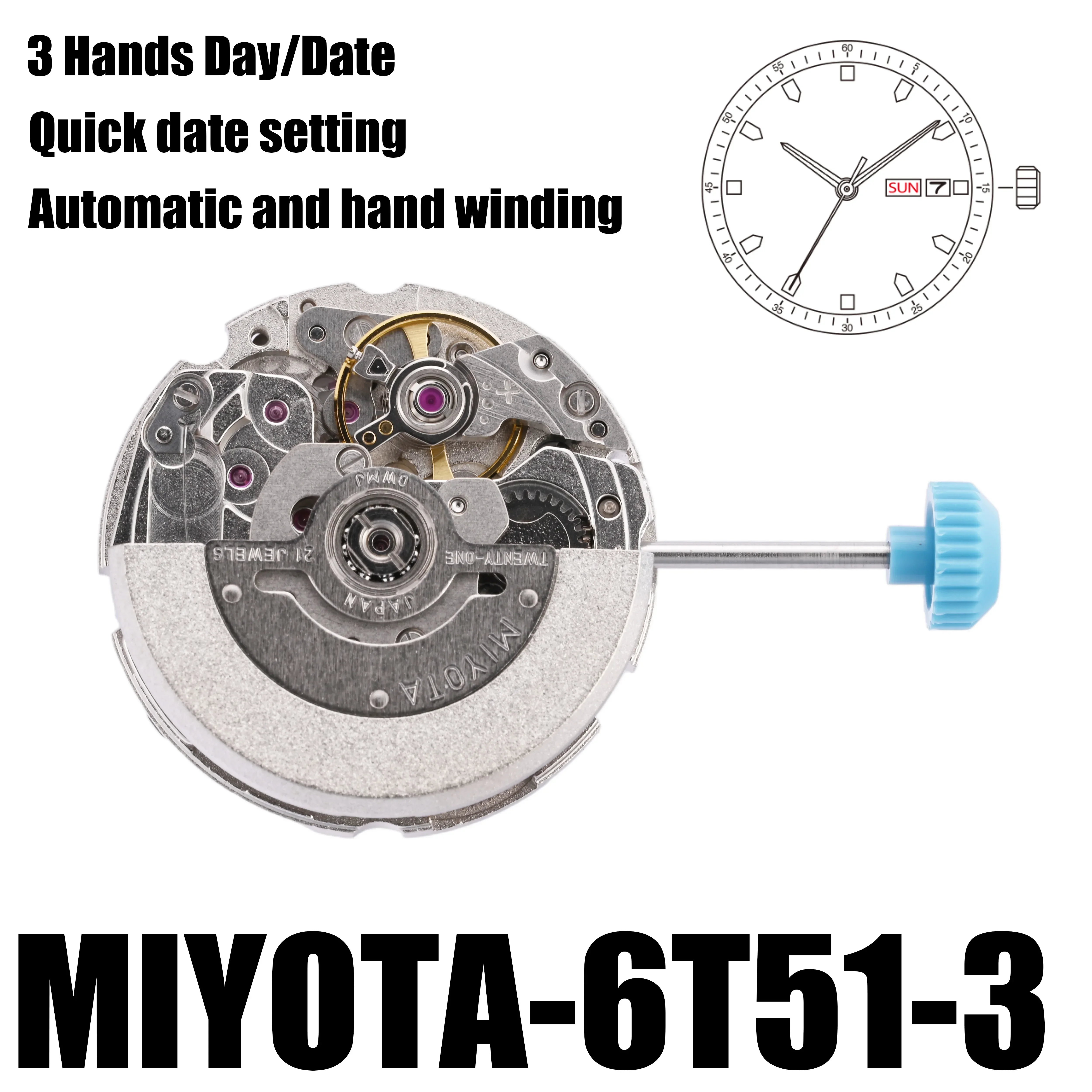 Japan Standard Mechanical Miyota 6T51  Movement for Ladies Watch Automatic Movement with Day/Date Quick Setting 21 Jewels