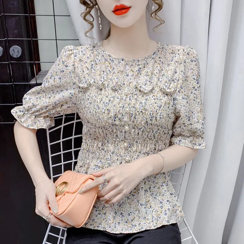 Floral Slim Short Office Shirt Tops Summer New Short Sleeve Pleated Printing O-neck Youth Blouse Elegant Fashion Women Clothing