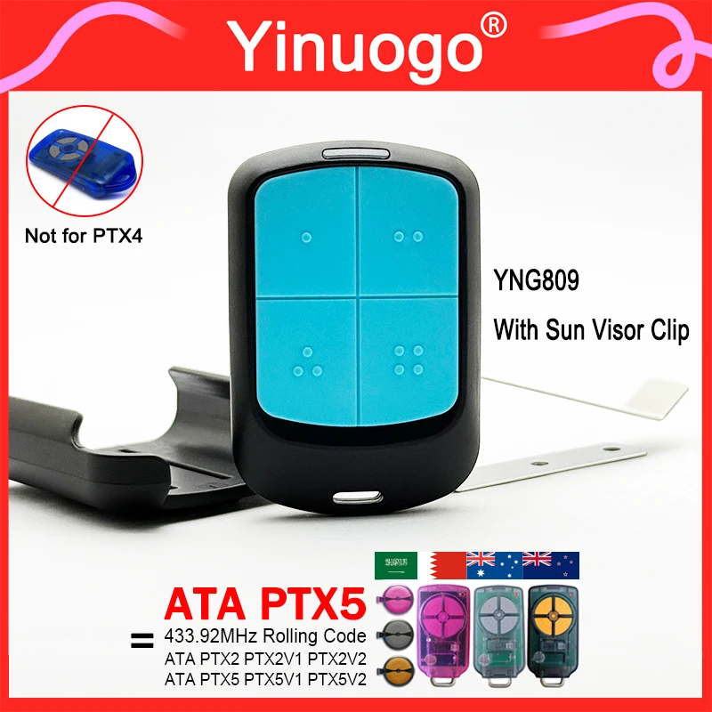 YNG809 Garage Door Opener With Clip 433.92MHz Rolling Code Compatible with ATA PTX5 PTX5v2 PTX-5 PTX-5v1 PTX2 Remote Control
