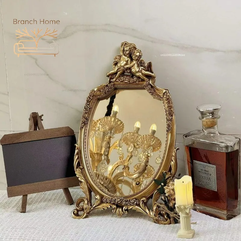 European Retro Makeup Mirror Flocked Back Plate Relief Gold Vanity Mirror High Definition Mirrors Decorative Pose Props Espejo