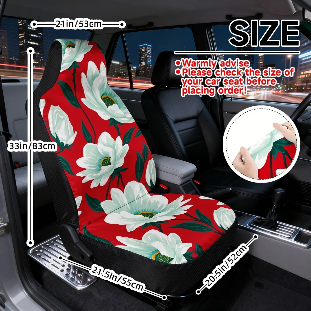 2D Flat Printing, 2pcs Car Seat Cover Front Seat, White Flowers On Red Pattern, Universal Fit Seat Covers, Durable Car Seat Cove