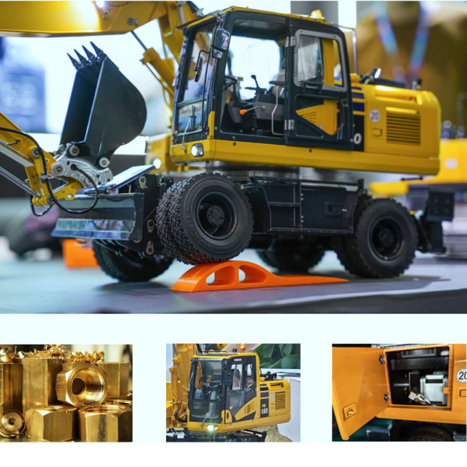 Escavatore idraulico a ruote RC 1/12 PW180 10CH Valvola in metallo Veicolo telecomandato Asse Blocco Gambe di supporto Pala anteriore Modello giocattolo