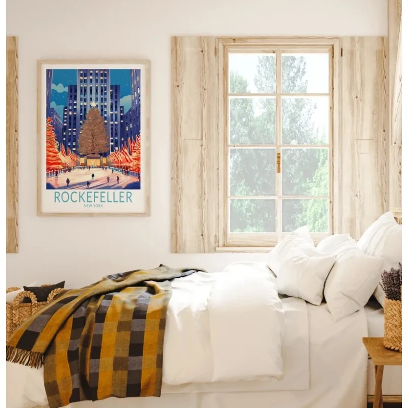 1pc frameless Canvas Painting Christmas in New York Rockefeller Plaza Poster, New York City Travel Poster, Christmas Wall Art, H