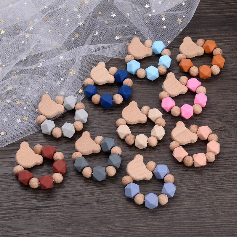 1Pcs Baby Silicone Nursing Bracelets Teether Toys Wooden Animal Beads Ring Teething Rattles Infant Natural Chew Toy Accessory