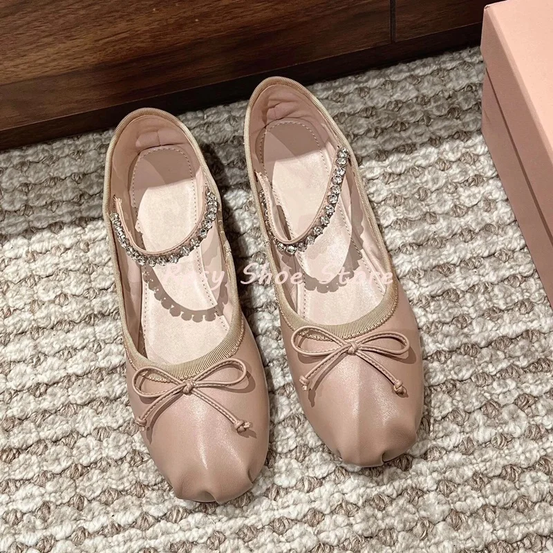 المرأة الحرير الجلود القوس أحذية الباليه جولة تو حذاء مسطح فاخر الماس ديكور حزام الانزلاق على حذاء فردي نمط مزاجه