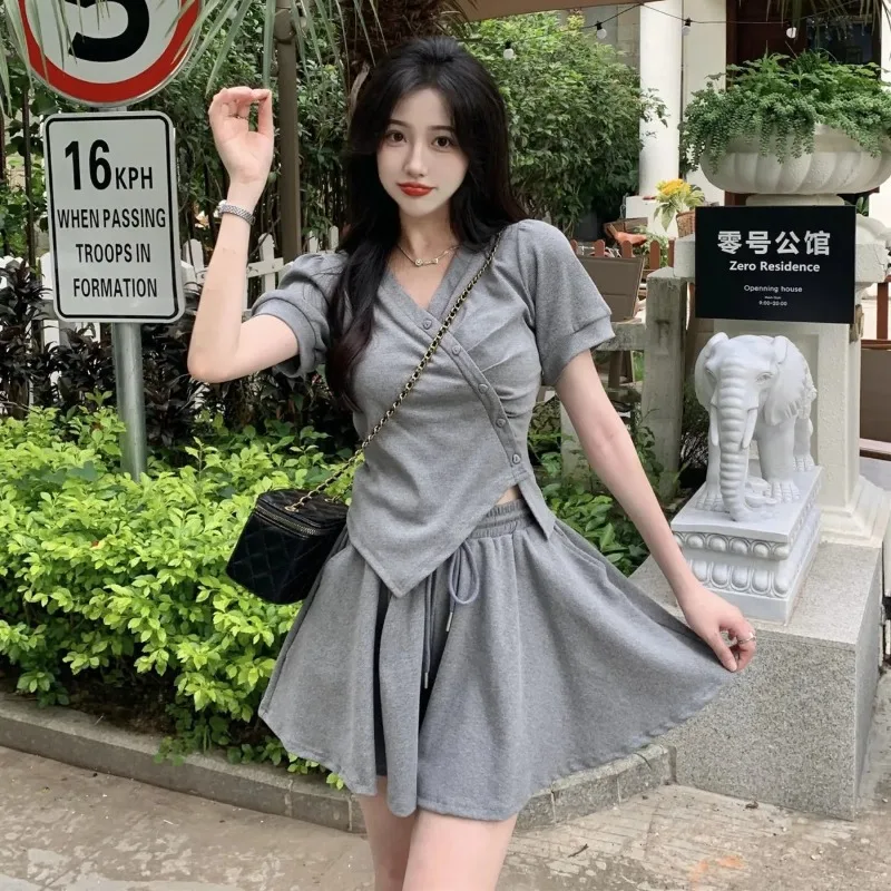 Irregular Short Sets Women V-neck Short-sleeved Solid Color T-shirts + High Waist Drawstring Shorts Summer Two-piece Set Female