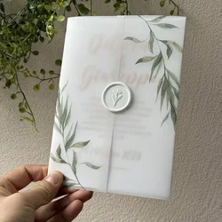 Green leaf Vellum  Wrap suitable for a 5 x 7 Wedding Invitation
