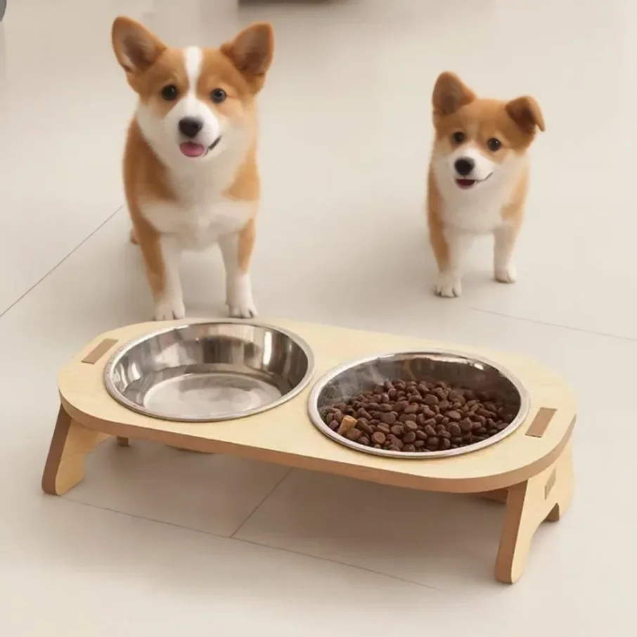 Raised Pet Bowl Inclined Steel Food Bowls Dog Water Feeding Food Container Cat Dish Wooden Stand Pet Supplies Single/Double