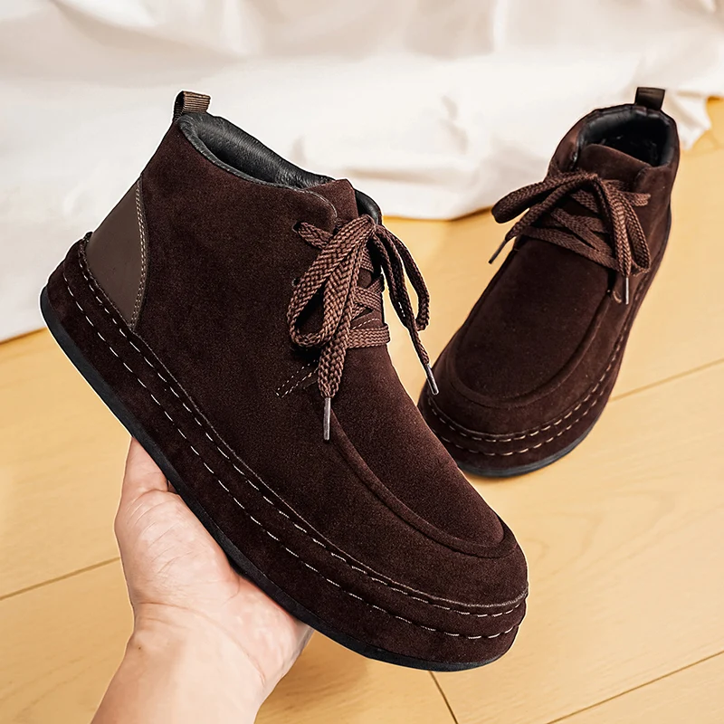 

Hot Selling Plush Men's Winter Shoes, Warm Solid Color Ankle Boots, Fashionable Lace Up High Top Casual Shoes, Windproof Boots