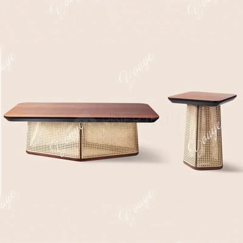 B4 XA New Chinese Living Room Solid Wood Rattan Rectangular Coffee Table Modern Simple Side Table Casual Negotiation Table