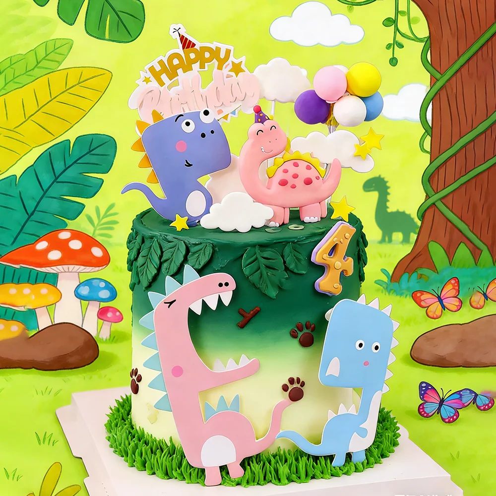 Rosa Mädchen Geburtstagstorten-Topper Cartoon Jurassic Dinosaurier Niedliche Babyparty Happy 1st Birthday Tortendekoration