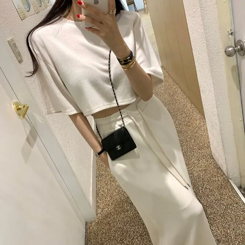 

Elegant Women's High Waist Elastic Belted Top Half Skirt Fashion Set Casual Loose Fit Breathable Summer Outfit Chinese Brand