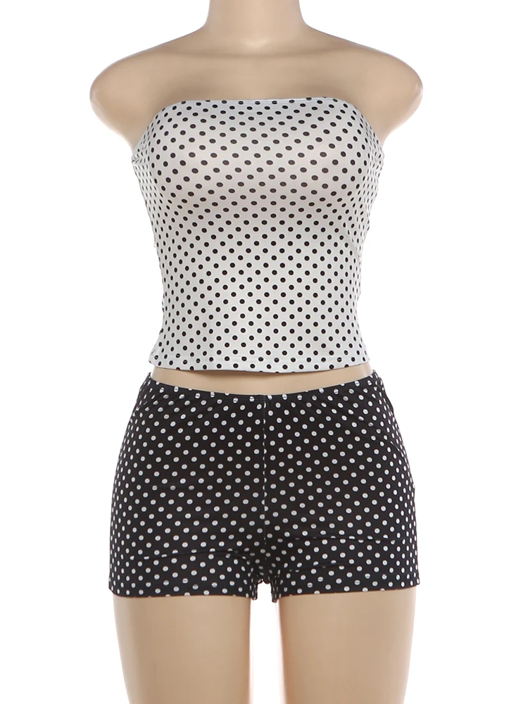Kliou Sexy Modisches 2-Teiliges Set für Damen mit Polka-Dot-Print, Wickeloberteil, Rückenfreies Tanktop + Figurbetonte Pfirsichfarbene Hüftshorts, High-Street-Outfits – Detail 3