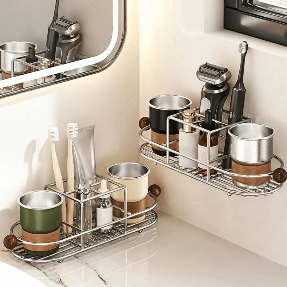Durable Stainless Steel Toothbrush Holder Waterproof Quick Dry Toothpaste Rack Space Saving Rustproof Mouthwash Cup Rack Kitchen