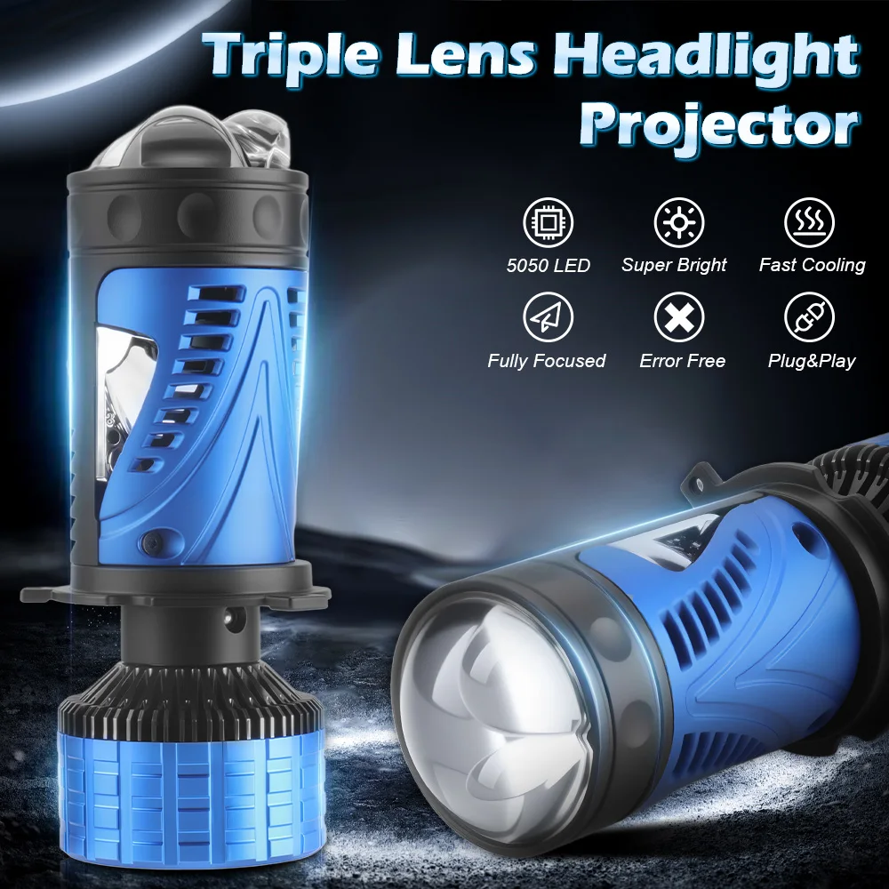

2PCS H4 LED Headlight Bulb Triple Projector Lens Canbus Led H4 Projector 50000LM Super Bright Hi/Low Apply to Car&Motorcycle