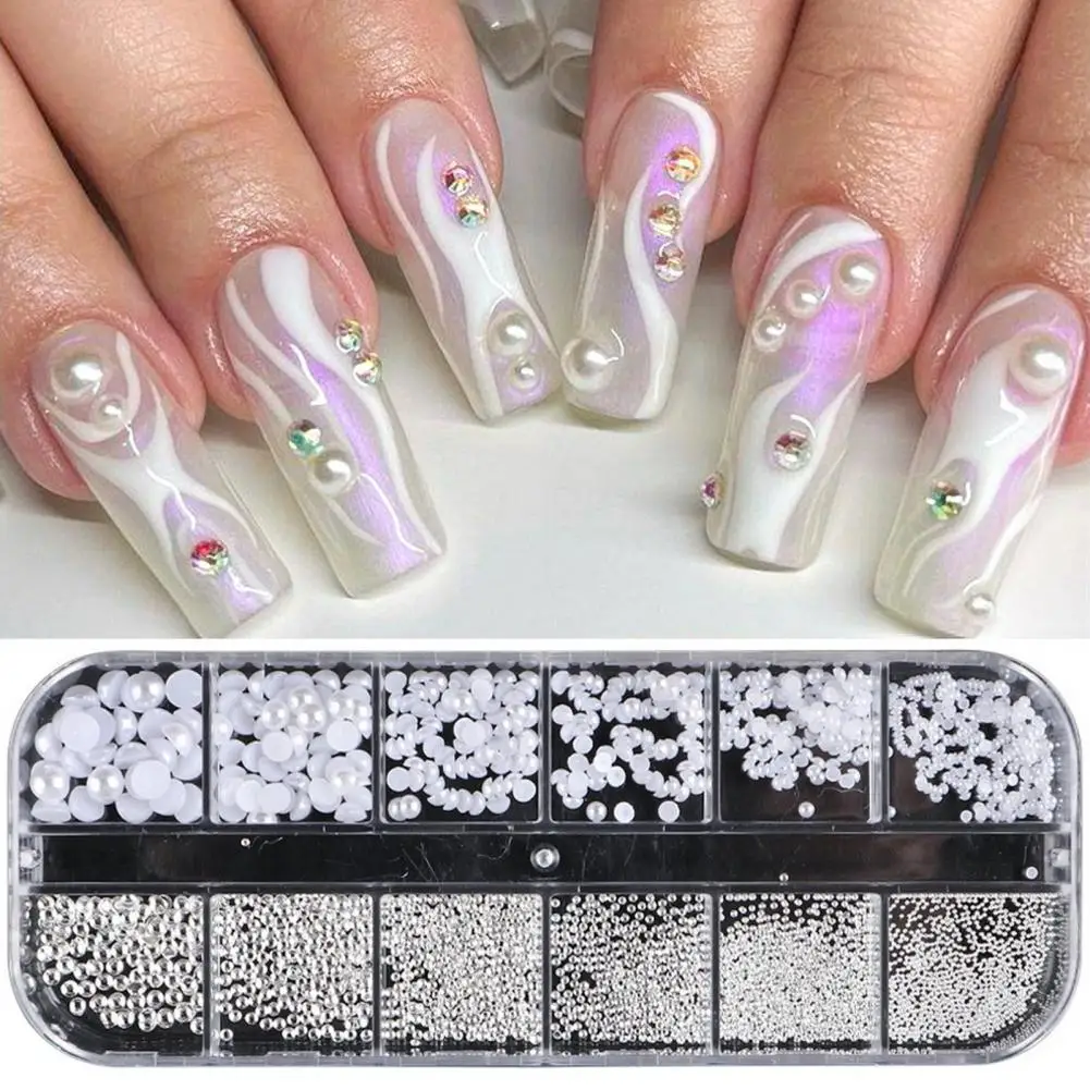 Conjunto de miçangas de unhas para mulheres, arte de unhas, pérolas falsas, estilo DIY Ins, kit de decoração para desenhos impressionantes, 12 desenhos