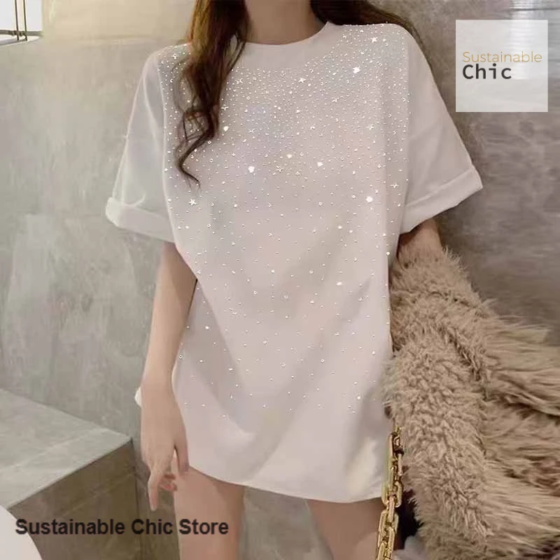 

Korean rhinestones sparkle all over the sky with short sleeves T-shirt women's spring and summer new plus size loose long coat.