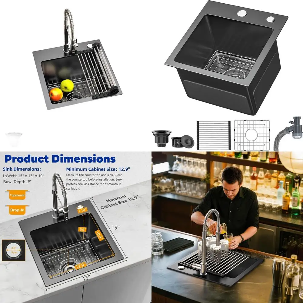 

Кухонная мойка с верхним креплением, одинарная чаша, 15x15x10 дюймов, нержавеющая сталь, цвет нано-ганметалл черный, ручной работы, для установки на столешницу, с решеткой для H-образных стопоров