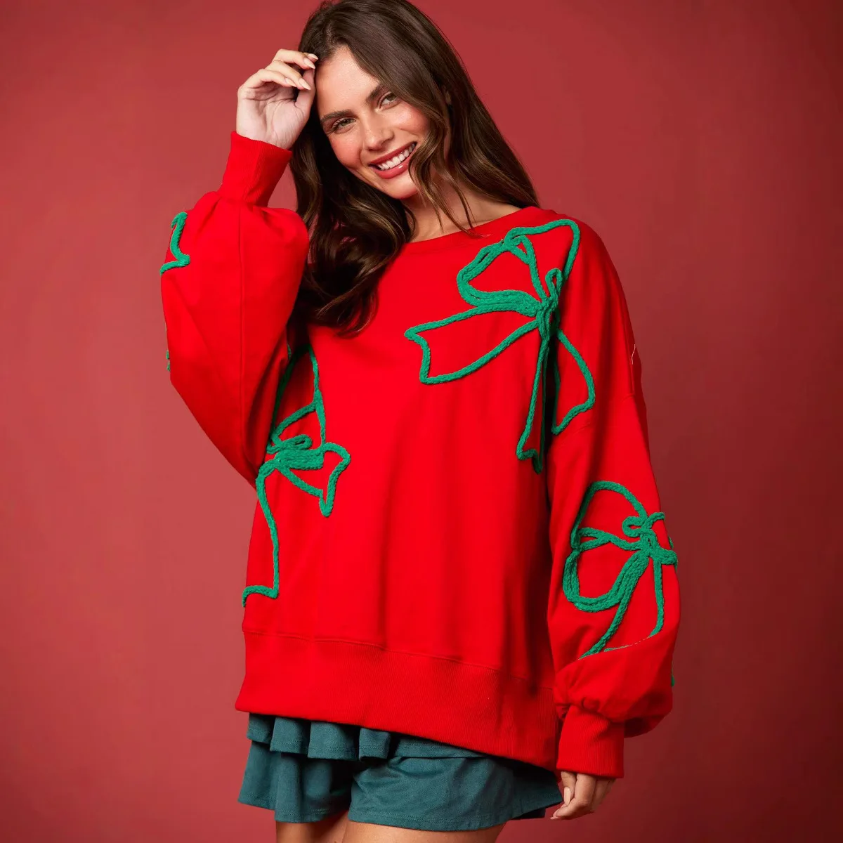 Y2K Women's Valentines Day Bow Sweatshirt Cute Graphic Lantern Long Sleeve Shirt Oversized Pullovers Tops