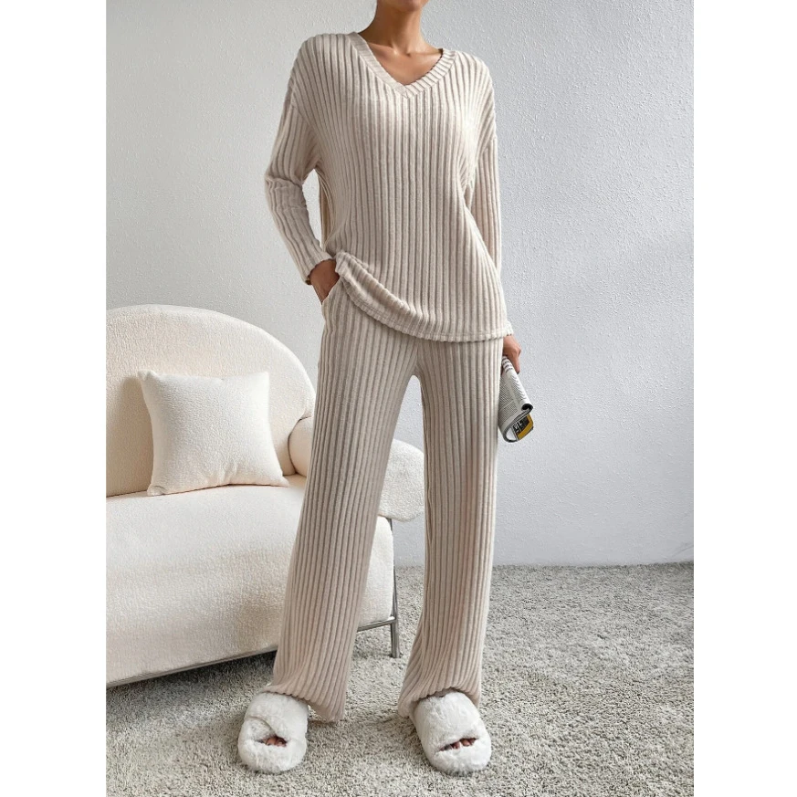 

Ribbed Knit 2 Pieces Set Women V Neck Loose T Shirt Top and Straight Pants Suit Fashion Casual Elegant Woman Tracksuit 2024