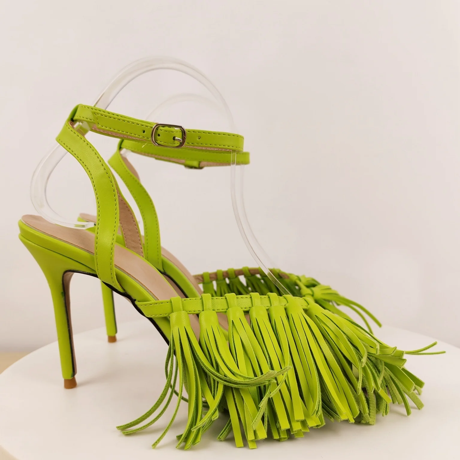 Women's Lime Green Suede Tassel Heeled Sandals Square Open Toe with Ankle Strap Stiletto Heel for Summer Vacations Beach Days view 5