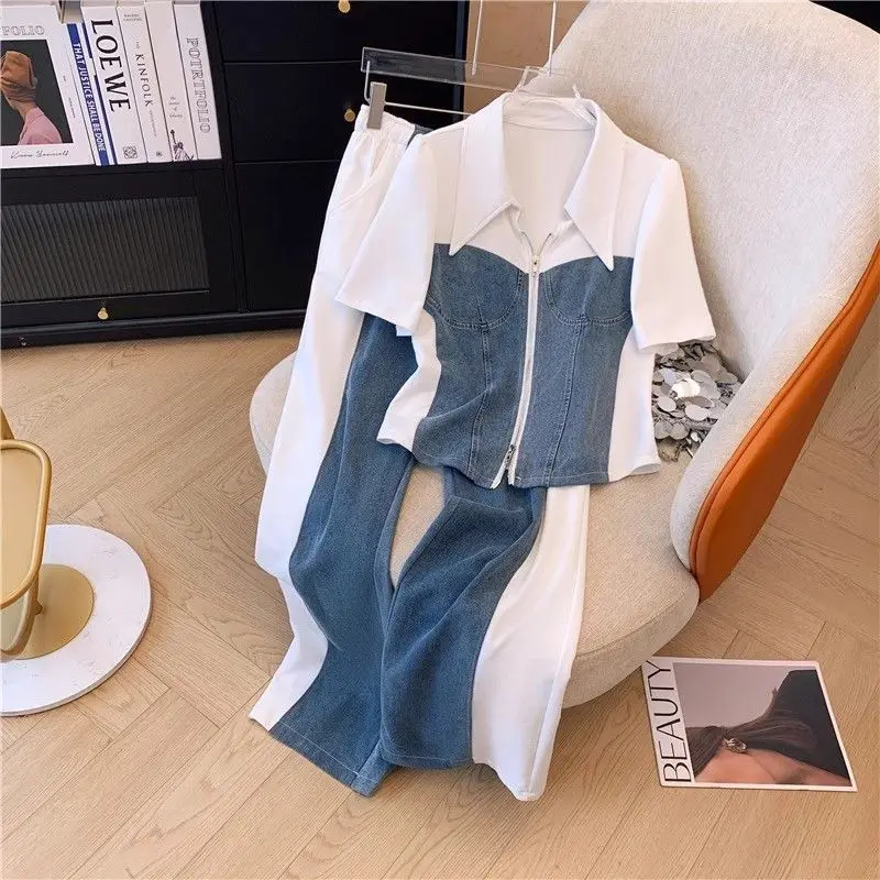 Casual Pant Sets Denim Splicing 2 Pieces Set Summer Polo Collar Zipper Tops + High Waist Wide Leg Trousers Women Clothing Suit