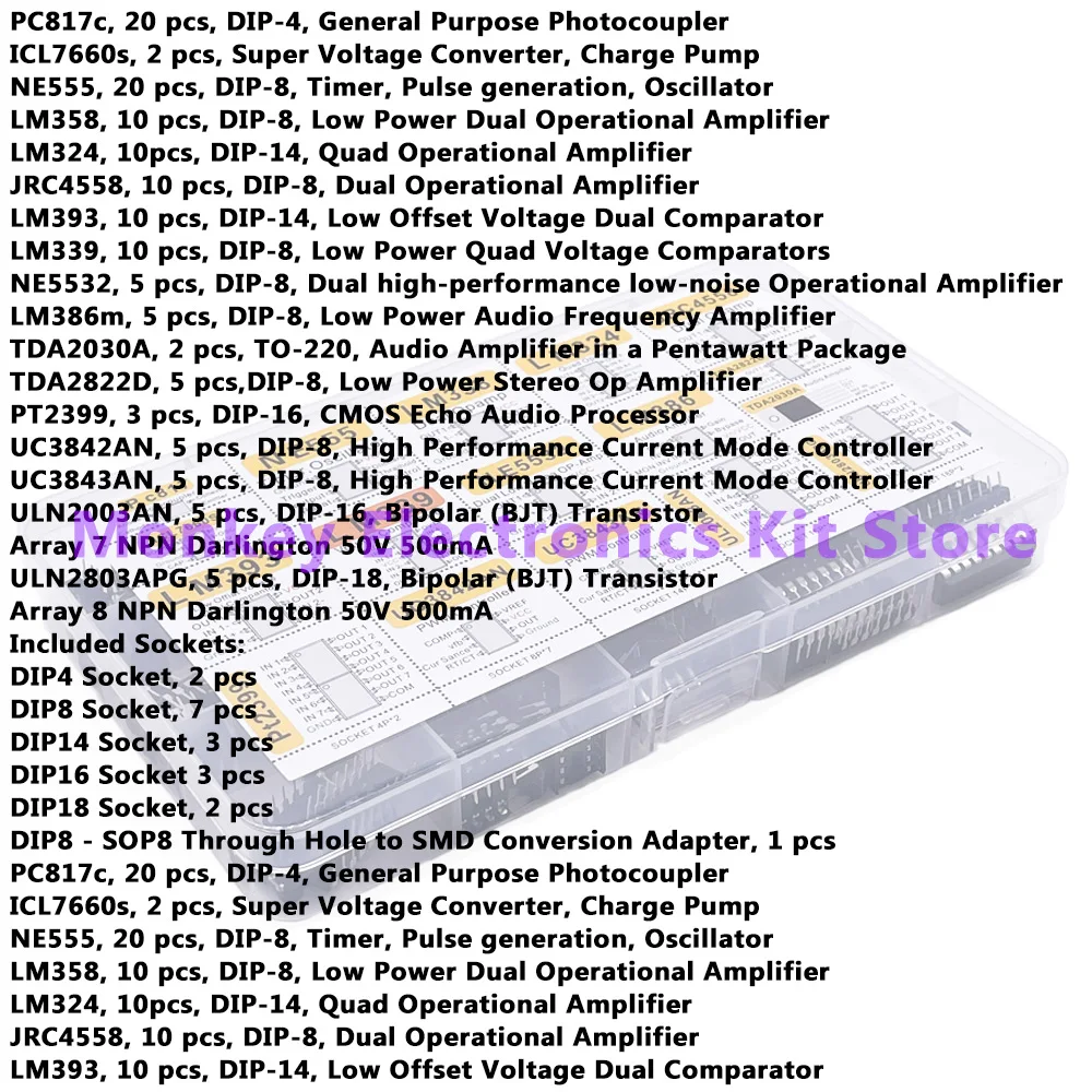 150pcs DIP Integrated Circuit Chip IC Boxed Chip Assortment Amplifier LM358 JRC4558 LM393 LM339 TDA2030A PT2 PC817 ICL7660 NE555