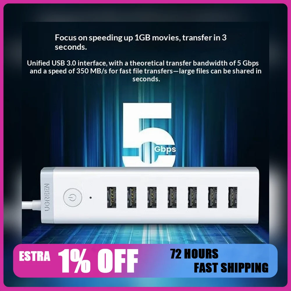 UGREEN 20481 CM420 USB 3.0 Hub 7 Port High Speed USB Splitter Extension Adapter for Laptop Desktop Computer