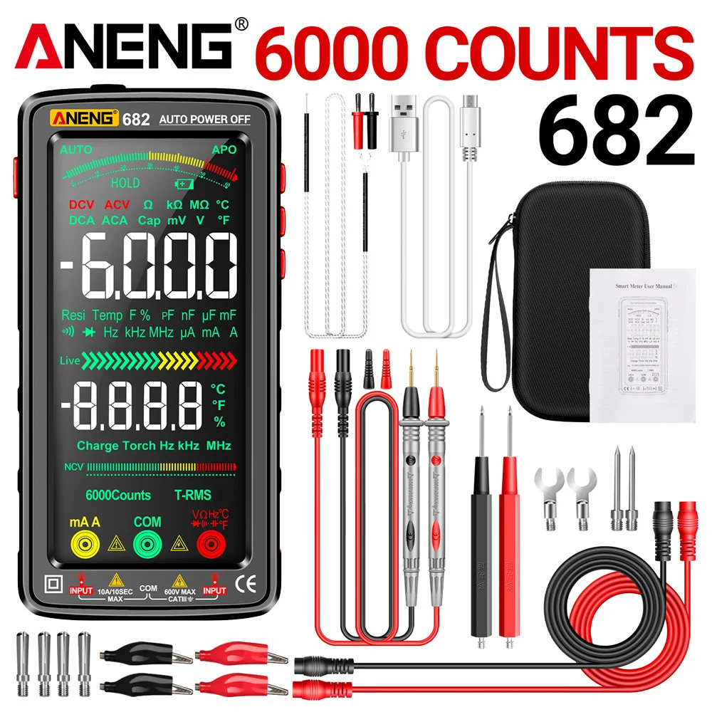 ANENG 682 Smart Anti-Burn Multimeter AC/DC Ammeter Voltage Tester Big Color Screen Rechargeable Ohm Diode Tester Tools for Elect