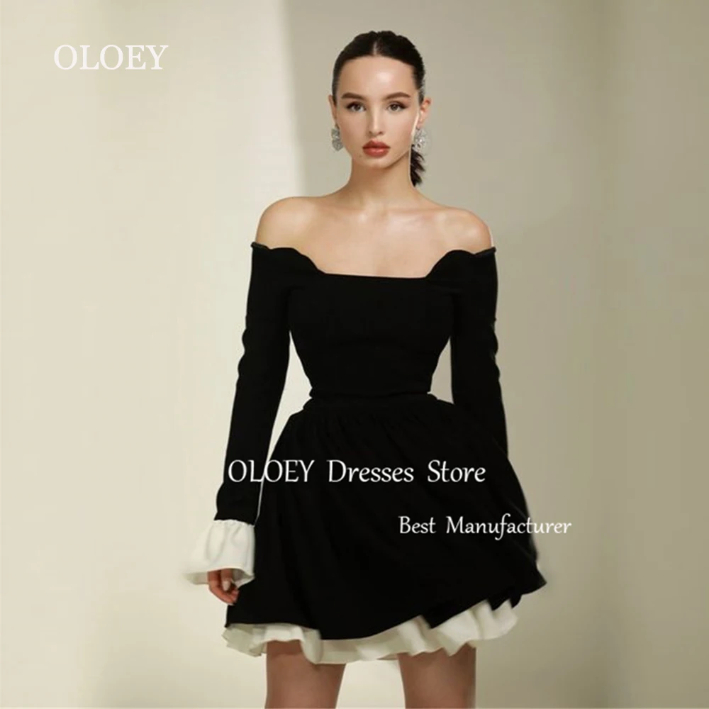 

OLOEY Customized Modest Black Mini Prom Cocktail Dress Pleats Off Shoulder Short Wedding Party Dress A Line Full Sleeves Formal